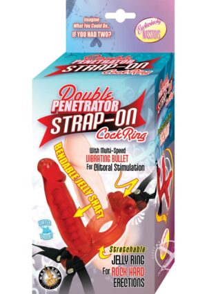 Double Penetrator Strap On Vibrating Penis Ring Waterproof Red