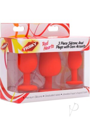 Frisky Red Hearts 3 Piece Silicone Butt Plugs With Gem Accents Anal Kit
