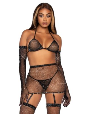 Leg Avenue Rhinestone Garter Sexy Lingerie Set 5pc Black