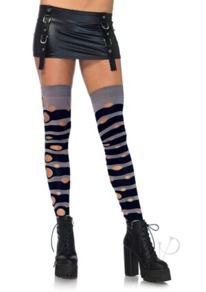 Distressed Striped Thigh High Blk/gry
