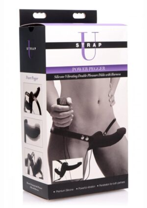 Power Pegger Black Silicone Vibrating Double Dildo with Harness