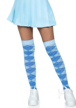 Argyle Knit Over The Knee Socks Os Blue