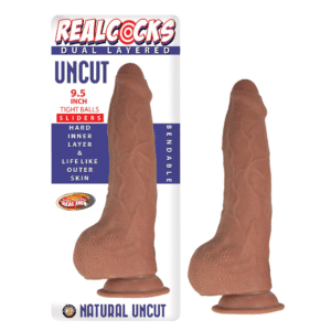 9.5 Inch Brown Realcocks Dual Layer Uncut Dildo Bendable Suction Cup Sex Toy