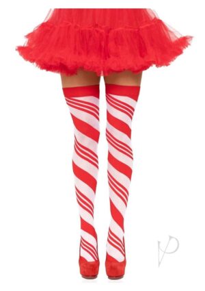 Candy Cane Sheer Thigh High Stocking Os Red White