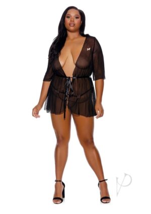 Black Peignoir Mesh Stretchy Open Robe Sexy Babydoll Lingerie – Plus Size