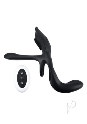 Remote Controlled Silicone Vibrating Penis Ring With Stimulator Black