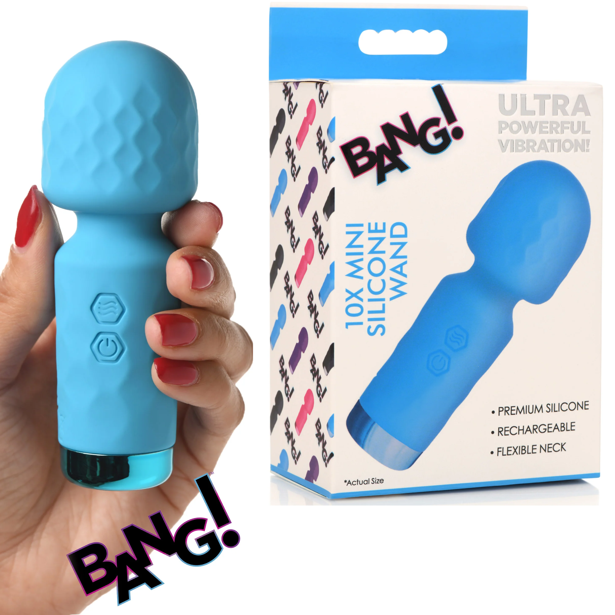 Bang Flexible Neck Petite Mini Silicone Rechargeable Wand Vibrator - Blue