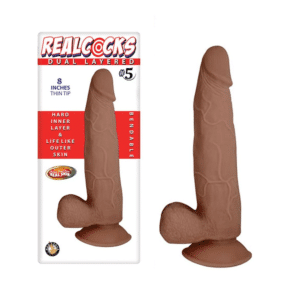 8 Inch Brown Realcocks Dual Density Bendable Suction Cup Dildo With Thin Tip