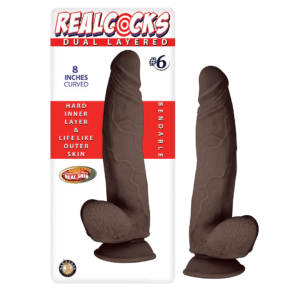 8 Inch Dark Brown Realcocks Dual Layered Bendable Dildo Harness Compatible Sex Toy