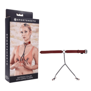 Saffron Sex Collar with Two Adjustable Nipple Clamps - Deep Red