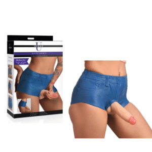 Strap U Denim Booty Shorts Harness with Flexible Realistic 6 Inches Dildo - MEDIUM