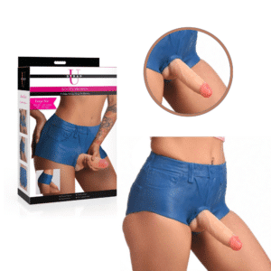 Strap U Denim Booty Shorts Harness with Flexible Realistic 6 Inches Dildo - Large