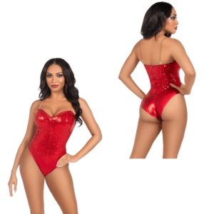 Sequin Bone Snap Bodysuit Strap Sexy Party Outfit Clothing- Medium Red