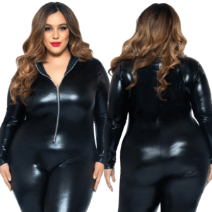 Catsuit Sexy Wet Look Leather Bodysuit in 3x/4x Black