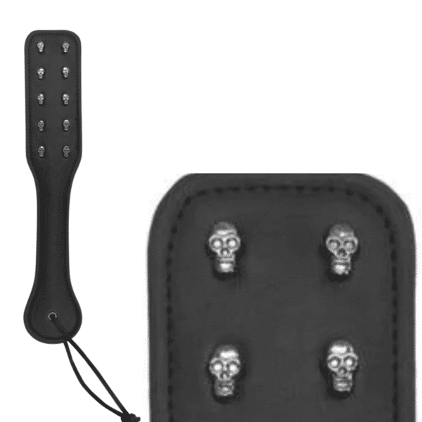 Leather Spanking Paddle with Skulls - Black