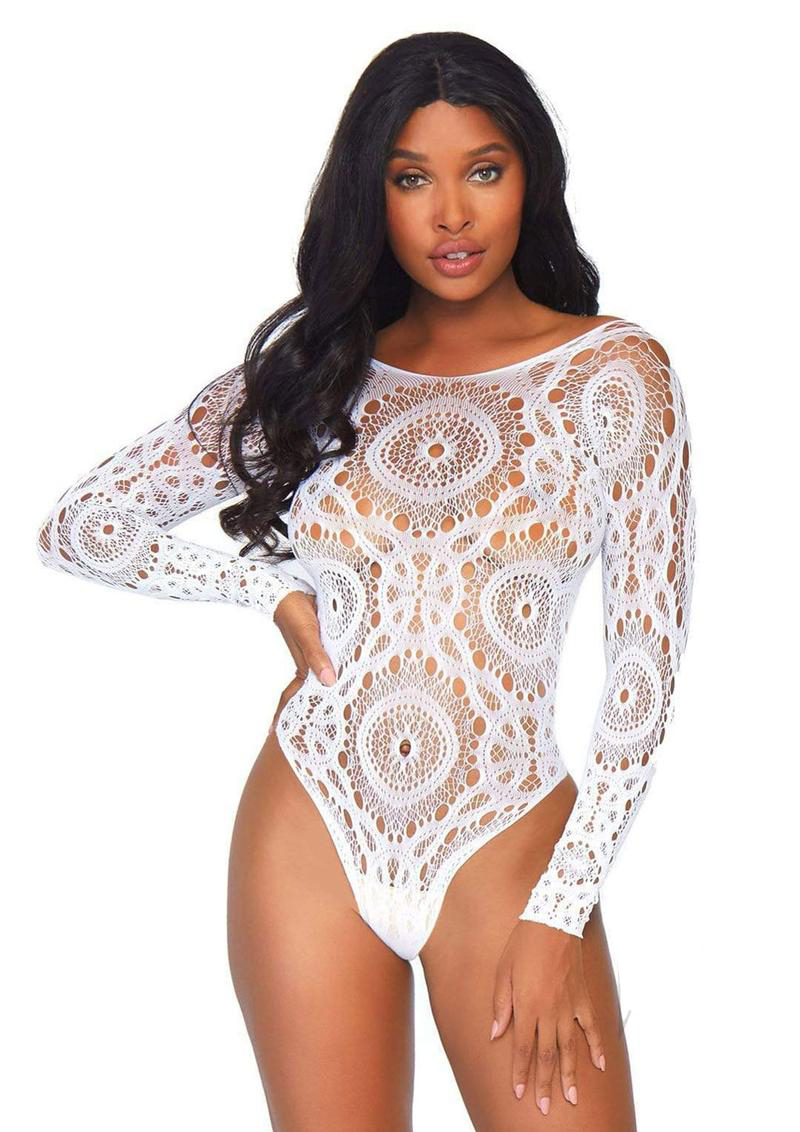 Long Sleeves Crochet Lace Thong Sexy Teddies And Bodysuit White