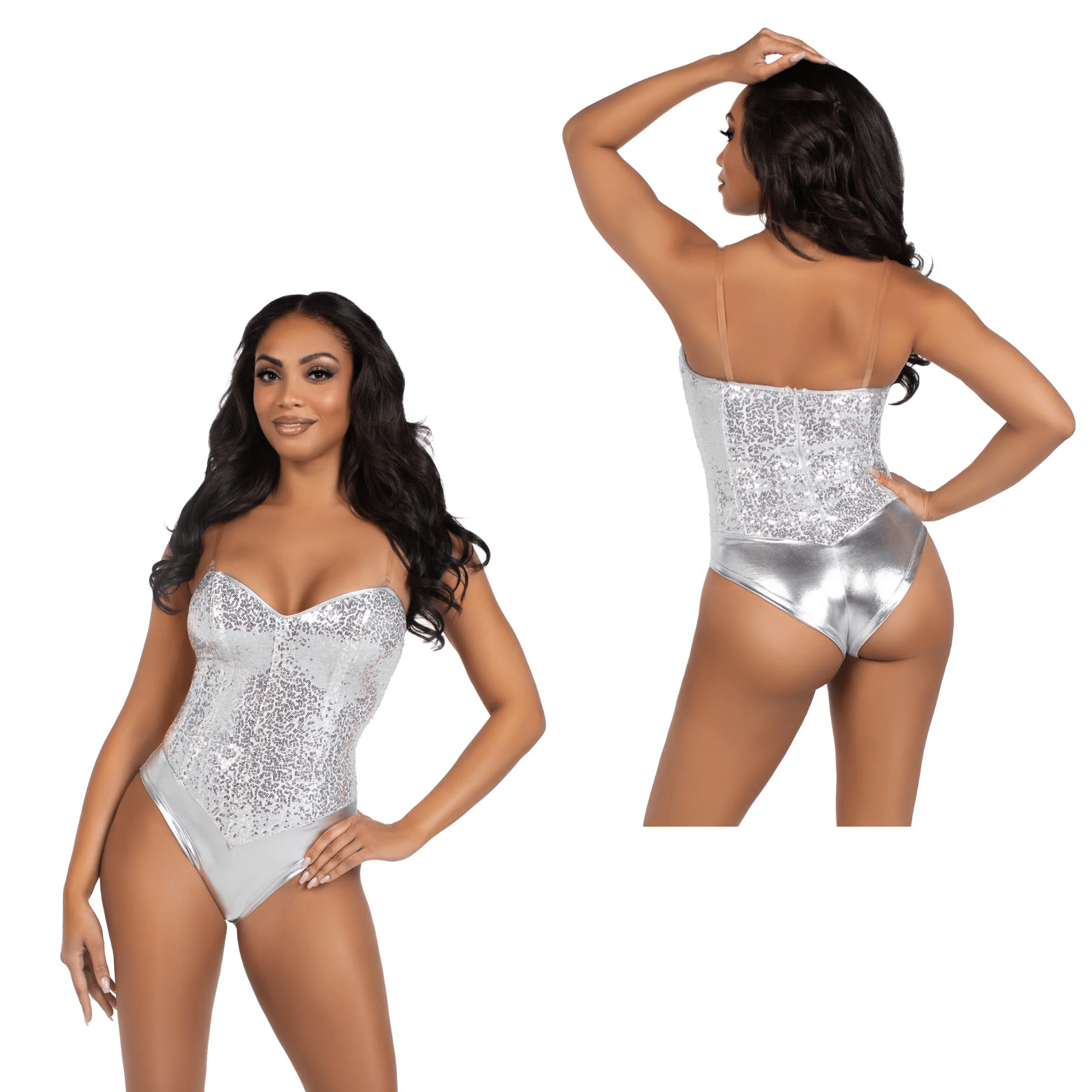 Sequin Bone Snap Bodysuit with Sequin  Detachable Clear Straps Sexy Outfit For Women