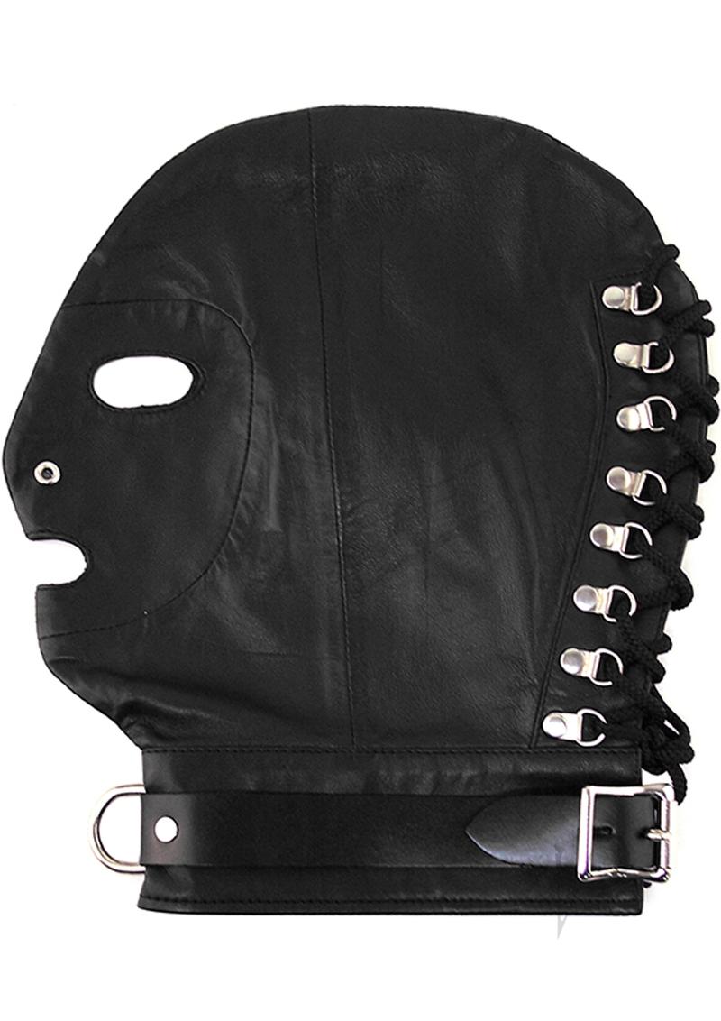 Rouge Bondage Sex Mask With D Ring And Lock Strap Leather And Metal