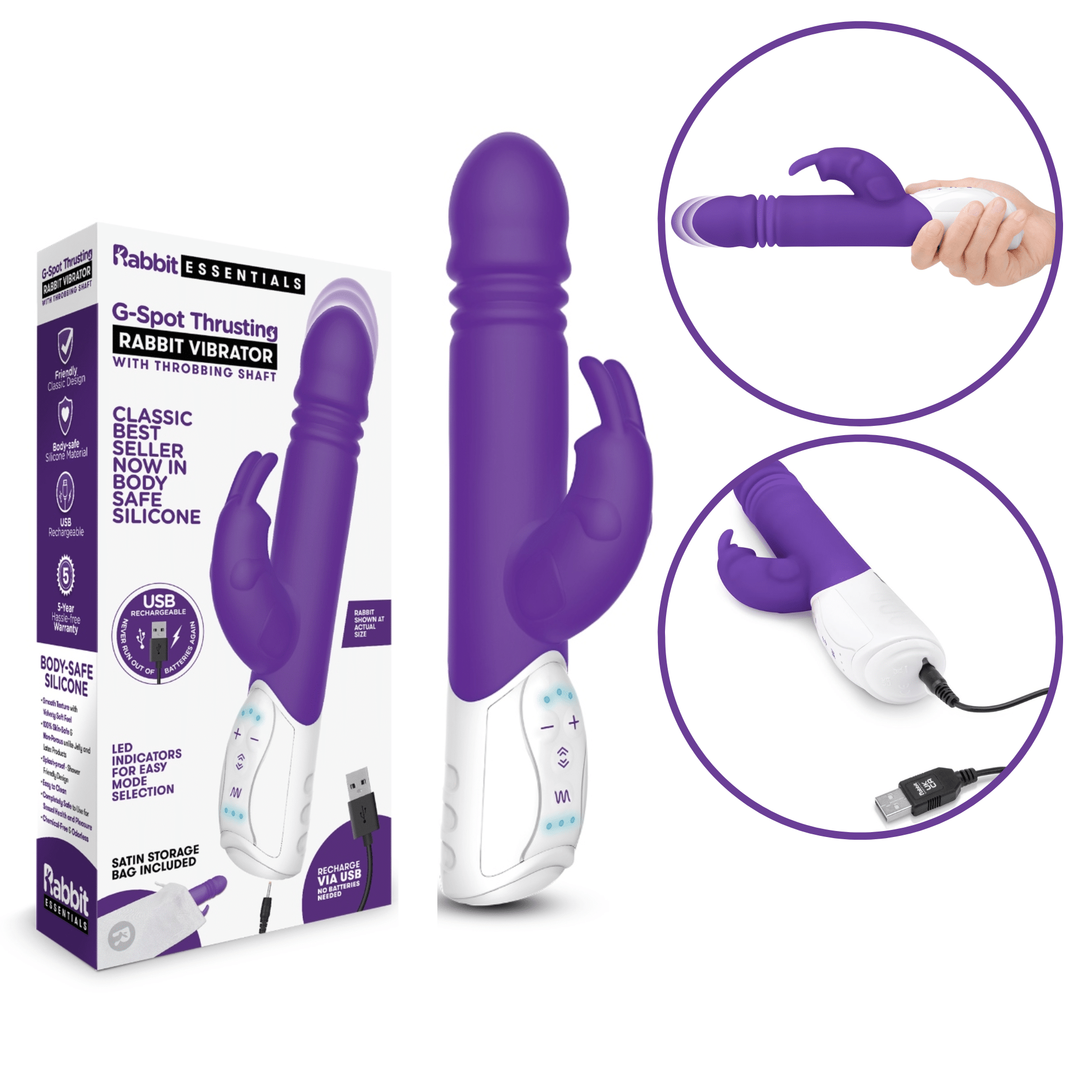 Rabbit Essential Rechargeable Thrusting Rabbit  G-Spot Clitoral Vibrator