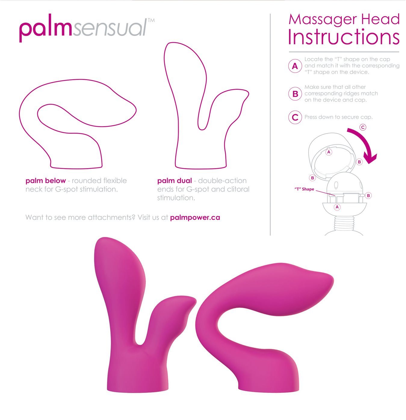 Palm Sensual Silicone Vibrating Wand Attachment Massager Heads Pink 2 Each Per Pack