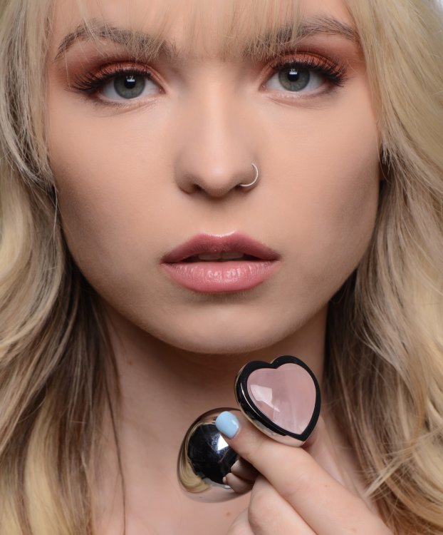 Genuine Heart-Shaped Rose Quartz Gem Metal Butt Plug