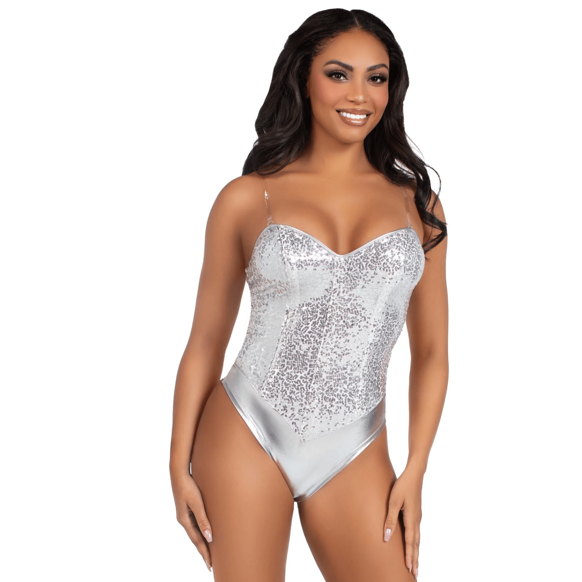 Sequin Bone Snap Bodysuit with Sequin  Detachable Clear Straps Sexy Outfit For Women