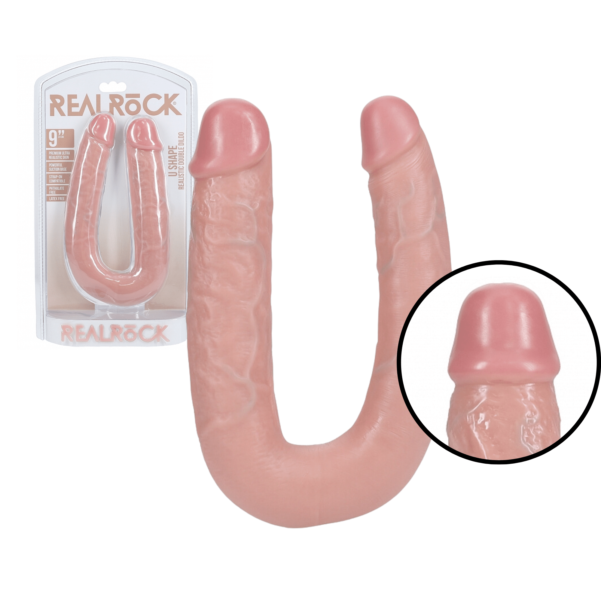 RealRock 9-Inch U-Shaped Realistic Double-Ended Dong Strap-On Compatible