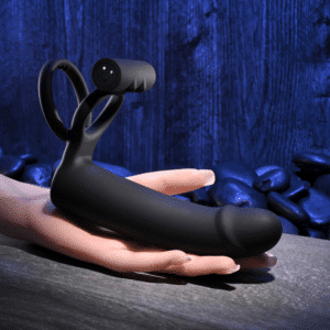 Full Swing Rechargeable Silicone Vibrating Dildo with Dual Cock Ring and Remote Control - Black